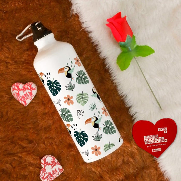Tropical Leaves Printed Water Bottle, Red Rose &amp; Greeting Card For Him/Her