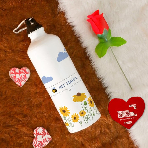 Be Happy Printed Water Bottle Red Rose &amp; Greeting Card For Him/Her