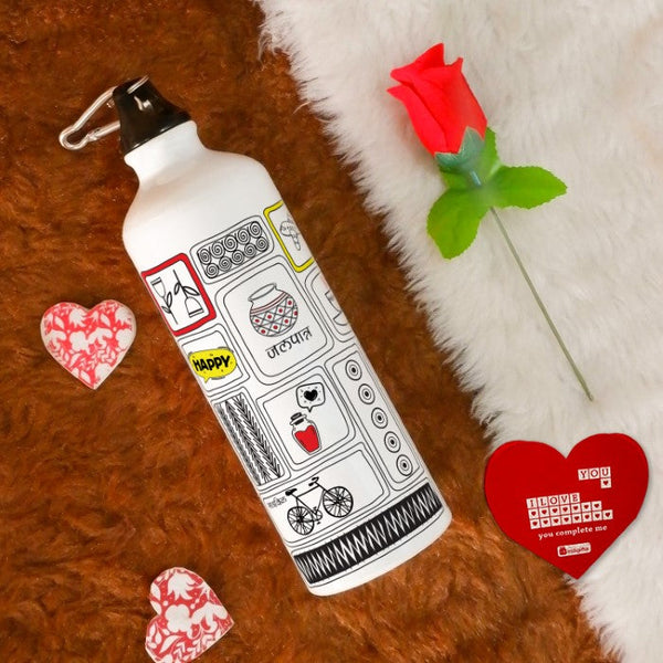 Cute Doodle Art Printed Water Bottle Red Rose &amp; Greeting Card For Him/Her