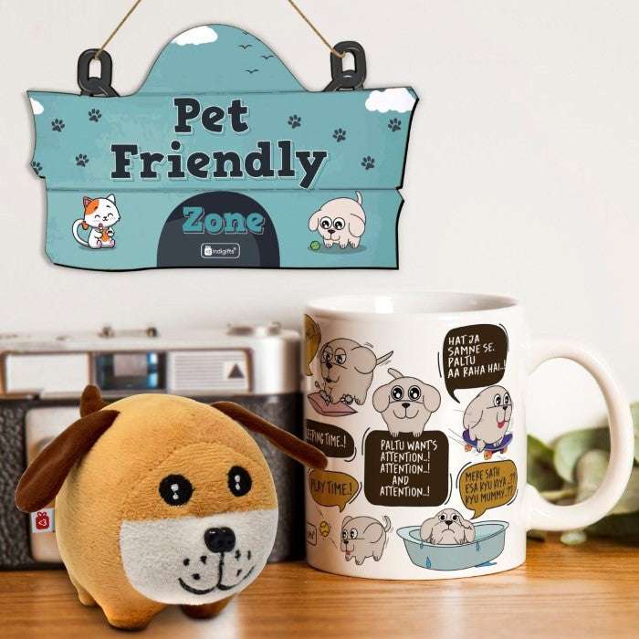 Gifts for Pet Lover- Pet Friendly Quotes Printed Multicolor Mini Wall Hanging with Ceramic Coffee Mug and Soft Toy