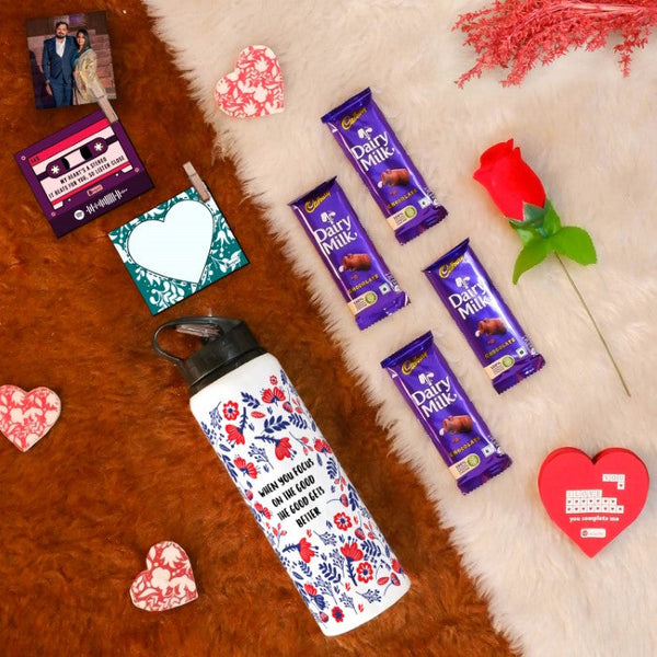 Valentine Day Gift Set with Floral Printed Sipper Water Bottle (750ml), Set of 2 Clip Magnets, Red Rose, Greeting Card, and 4 Dairy Milk Chocolates