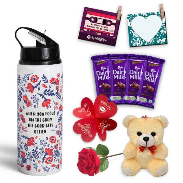 Valentine Day Gift Set with Floral Printed Sipper Water Bottle (750ml), Set of 2 Clip Magnets, Red Rose, Greeting Card, and 4 Dairy Milk Chocolates