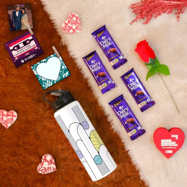 Valentine Day Gift Set with Geometric Printed Sipper Water Bottle (750ml), Set of 2 Clip Magnets, Red Rose, Greeting Card, and 4 Dairy Milk Chocolates