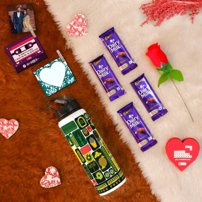 Valentine Day Gift Set with Jumble Art Printed Sipper Water Bottle (750ml), Set of 2 Clip Magnets, Red Rose, Greeting Card, and 4 Dairy Milk Chocolates