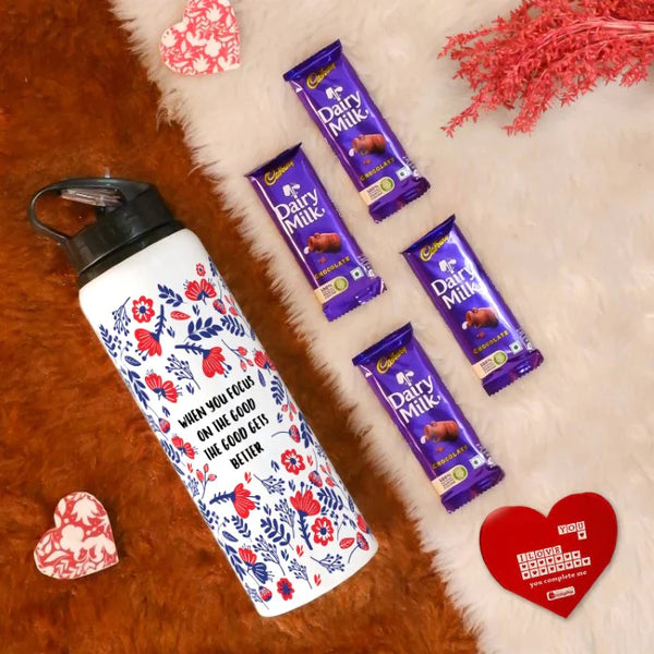 Valentine Day Gift Box: Floral Printed Sipper Water Bottle, Greeting Card, and 4 Dairy Milk Chocolates