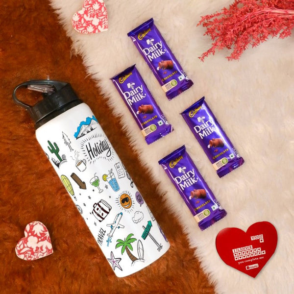 Valentine Day Gift Box: Travel Doodle Art Printed Sipper Water Bottle, Greeting Card, and 4 Dairy Milk Chocolates