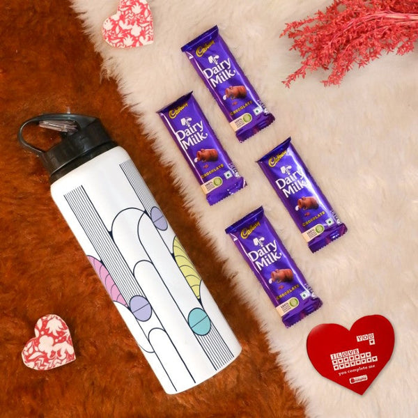 Valentine Day Gift Box: Geometric Printed Sipper Water Bottle, Greeting Card, and 4 Dairy Milk Chocolates