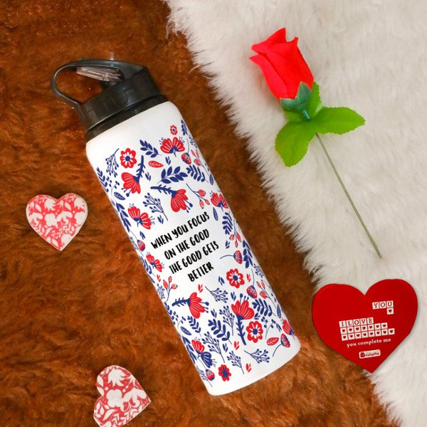 Floral Printed Sipper Water Bottle, Red Rose &amp; Greeting Card For Him/Her