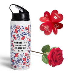 Floral Printed Sipper Water Bottle, Red Rose &amp; Greeting Card For Him/Her