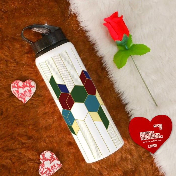 Honey Comb Printed Sipper Water Bottle, Red Rose &amp; Greeting Card For Him/Her