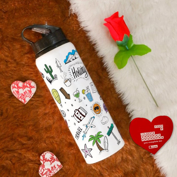 Travel Doodle Art Printed Sipper Water Bottle, Red Rose &amp; Greeting Card For Him/Her