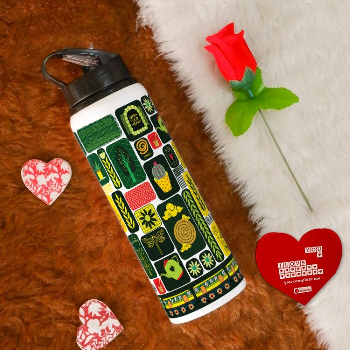 Jumble Art Printed Sipper Water Bottle, Red Rose &amp; Greeting Card For Him/Her