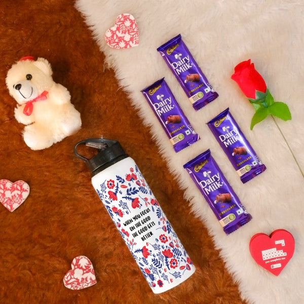 Floral Printed Sipper Water Bottle with Teddy, Red Rose, Greeting Card, and 4 Dairy Milk Chocolates - Valentine's Day Gift Set For Him/Her
