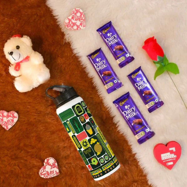 Jumble Art Printed Sipper Water Bottle with Teddy, Red Rose, Greeting Card, and 4 Dairy Milk Chocolates - Valentine's Day Gift Set For Him/Her