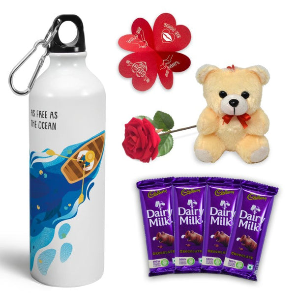 Valentine Gift Hamper with 'Be The Ocean' Printed Water Bottle (750ml), Teddy Bear Toy, Red Rose, Greeting Card, and 4 Dairy Milk Chocolates
