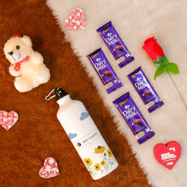 Valentine Gift Hamper with 'Be Happy' Printed Water Bottle (750ml), Teddy Bear Toy, Red Rose, Greeting Card, and 4 Dairy Milk Chocolates
