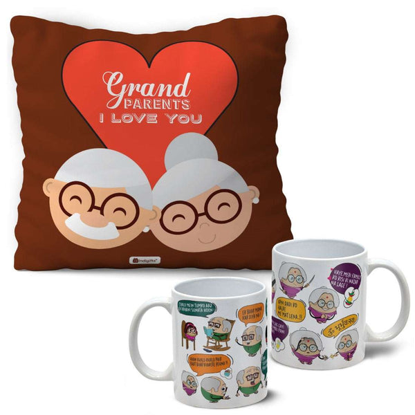 Grandparents Gifts Hamper- Quotes Printed Multicolor Poly Satin Cushion and Ceramic Coffee Mug