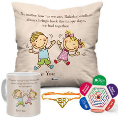 Rakshabandhan Gift For Brother Copper rakhi, Customized Cushion with Filler, Customized Ceremic Mug, Rakhi for Brother and Bhabhi, Gift for Brother