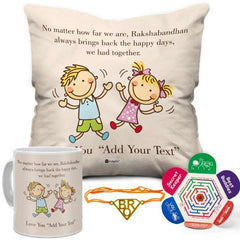 Rakshabandhan Gift For Brother Copper rakhi, Customized Cushion with Filler, Customized Ceremic Mug, Rakhi for Brother and Bhabhi, Gift for Brother