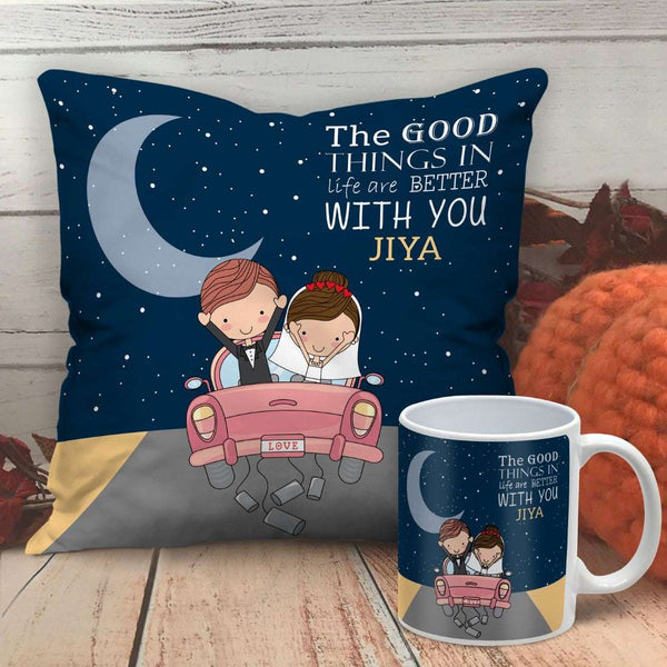 The Good Things In Life Are Better With You Print Cushions &amp; Coffee Mug Set For Couples