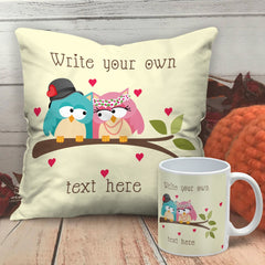 Personalised Text Pillow Cover, Fillers &amp; Mug Set With Cute Bird Design For Valentine's Gift