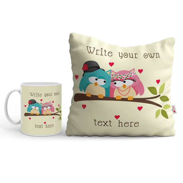 Personalised Text Pillow Cover, Fillers &amp; Mug Set With Cute Bird Design For Valentine's Gift