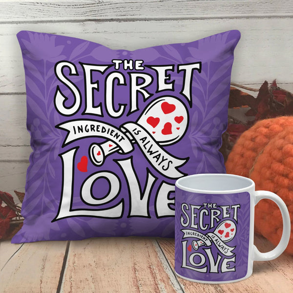Valentine Gift Combo Purple Printed Cushion Cover, Filler, Coffee Mug With Love Quote
