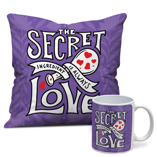 Valentine Gift Combo Purple Printed Cushion Cover, Filler, Coffee Mug With Love Quote
