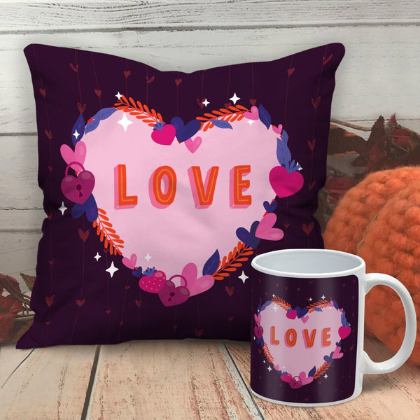 Floral Love Print Cushion Cover, Filler and Coffee Mug Valentine Gift Combo