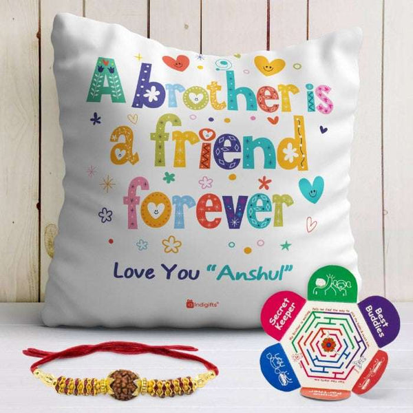 Rakshabandhan Joy: Crystal Rakhi, Customized Cushion with Filler - Special Gift for Brother and Bhabhi