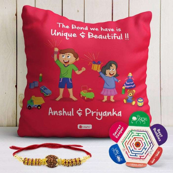 Rakshabandhan Gift For Brother Crystal Rakhi, Customized Cushion with Filler, Rakhi for Brother