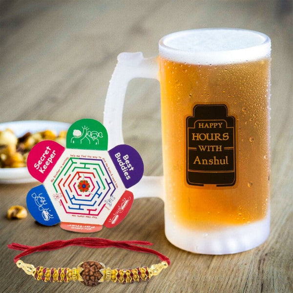 Rakhi Swag Edition: Crystal Rakhi, Customised 'Happy Hours' Printed Beer Mug - Memorable Gift for Brother