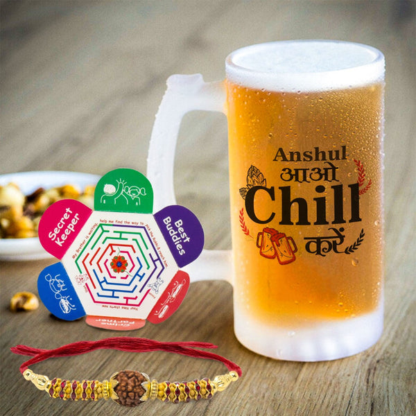 Rakhi Swag Edition: Crystal Rakhi, Customised 'Swag After Patiyala Pag' Printed Beer Mug - Memorable Gift for Brother