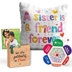 Cushion with Sis Is A Friend Forever Print Wooden Plaque Gift and Rakhi