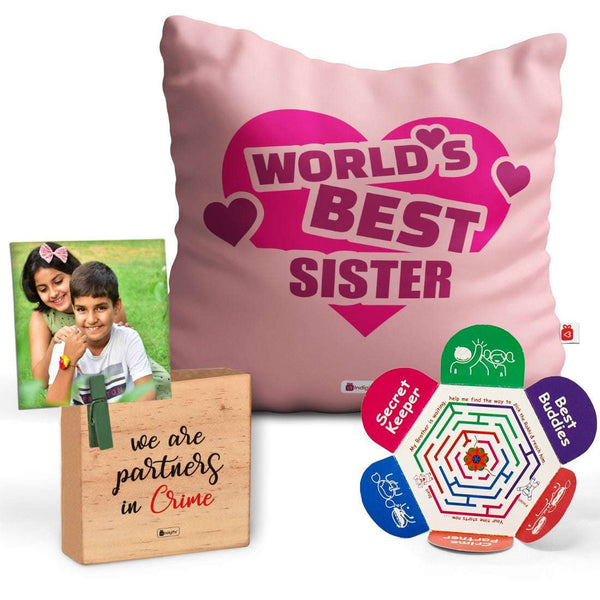 Rakhi and Cushion Cover with World's Best Sister Print Plaque Gift