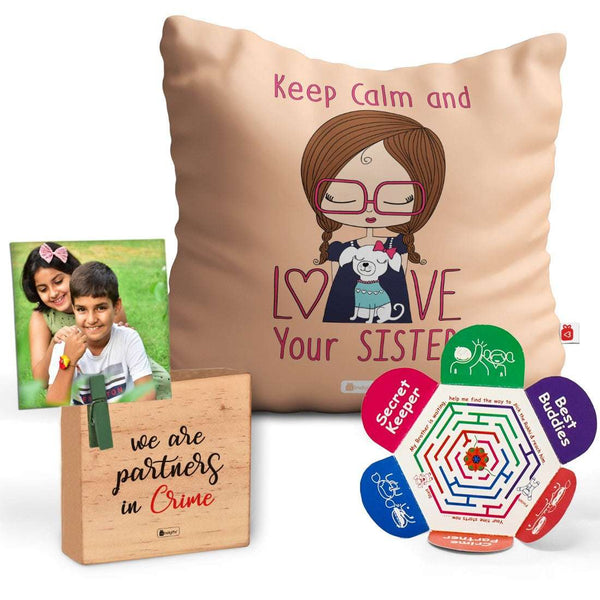 Cushion with Keep Calm Love Sis Print Wooden Plaque Gift and Rakhi.