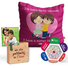 Rakhi and Cushion with Lucky To Have You Sis Print and Plaque Gift