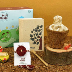 Red Seed Rakhi, Planter and Notepad Gift Hamper