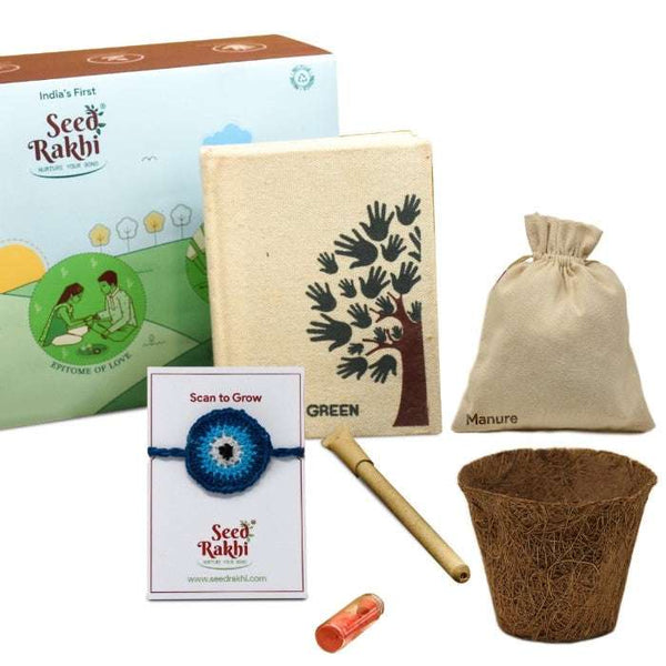 Neel Nazar Battu Seed Rakhi, Planter and Notepad Gift Hamper