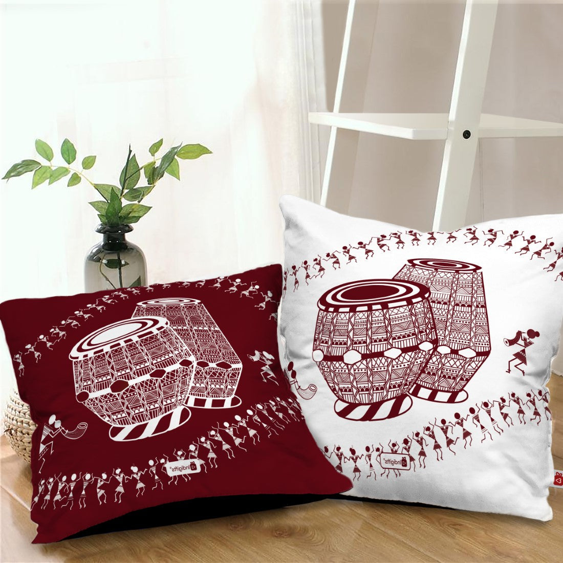 Tabla Printed Red &amp; White Warli Themed Ethnic Cushion For Home Decor