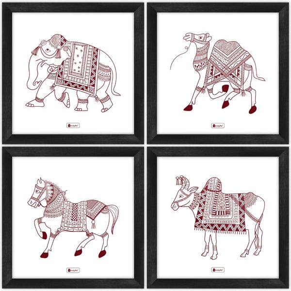 Animal Theme Ethnic Design Mandala Animal Printed Set of 4 Poster Frames