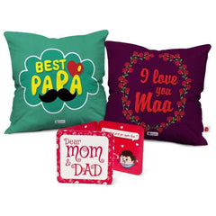 Gift for Mummy Papa with Cushion cover set for Maa Papa, featuring the quote I Love You