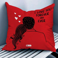 Love Forever Anniversary Special Red Printed Cushion Cover with Filler, Love Message Card, Wooden Photo Stand, Cute Teddy &amp; Artificial Red Rose