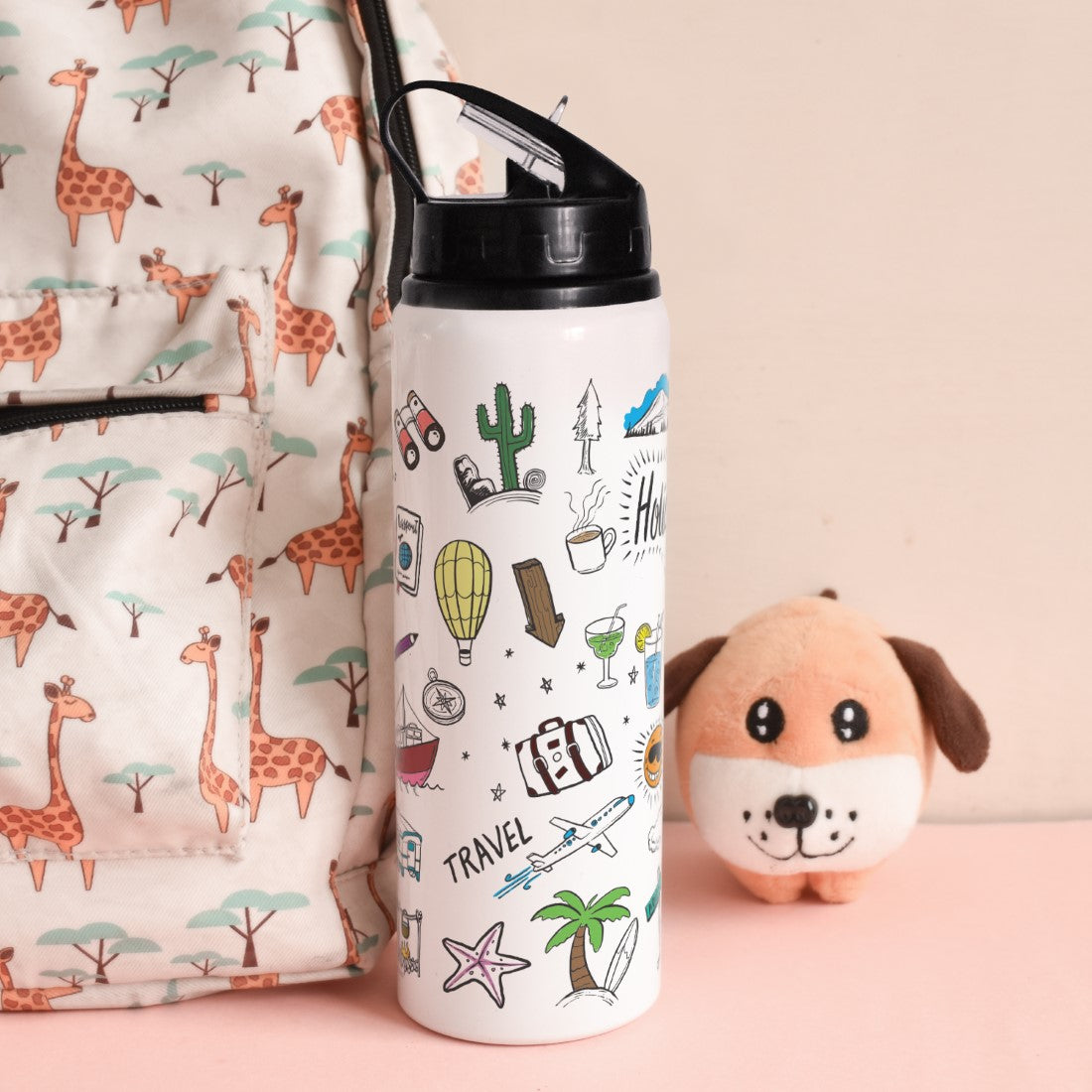 Travel Doodle Printed Aluminium Sipper Water Bottle 750ML For Valentine Day Gift