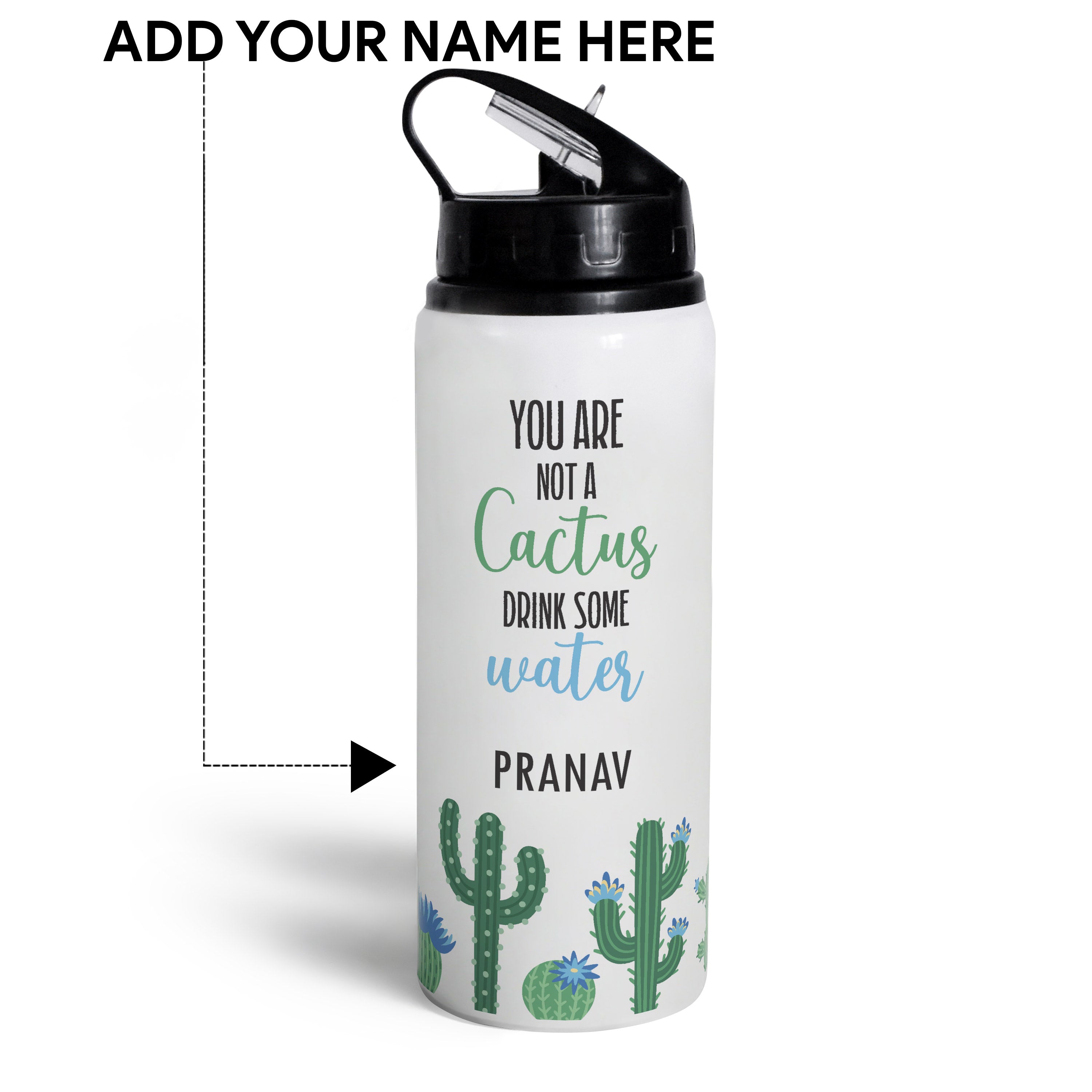 Personalised Cactus Print Sipper Water Bottle - Customize Bottle with your Name