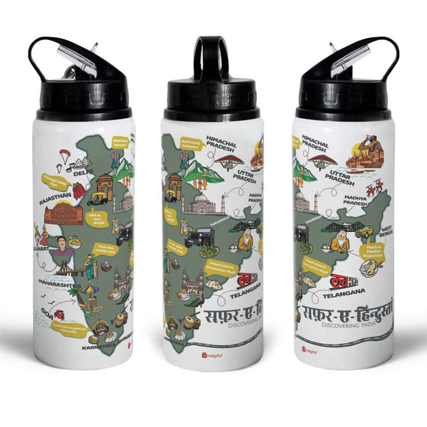 Safar-E-Hindustan Discovering India Doodle Print Aluminium Sipper Water Bottle
