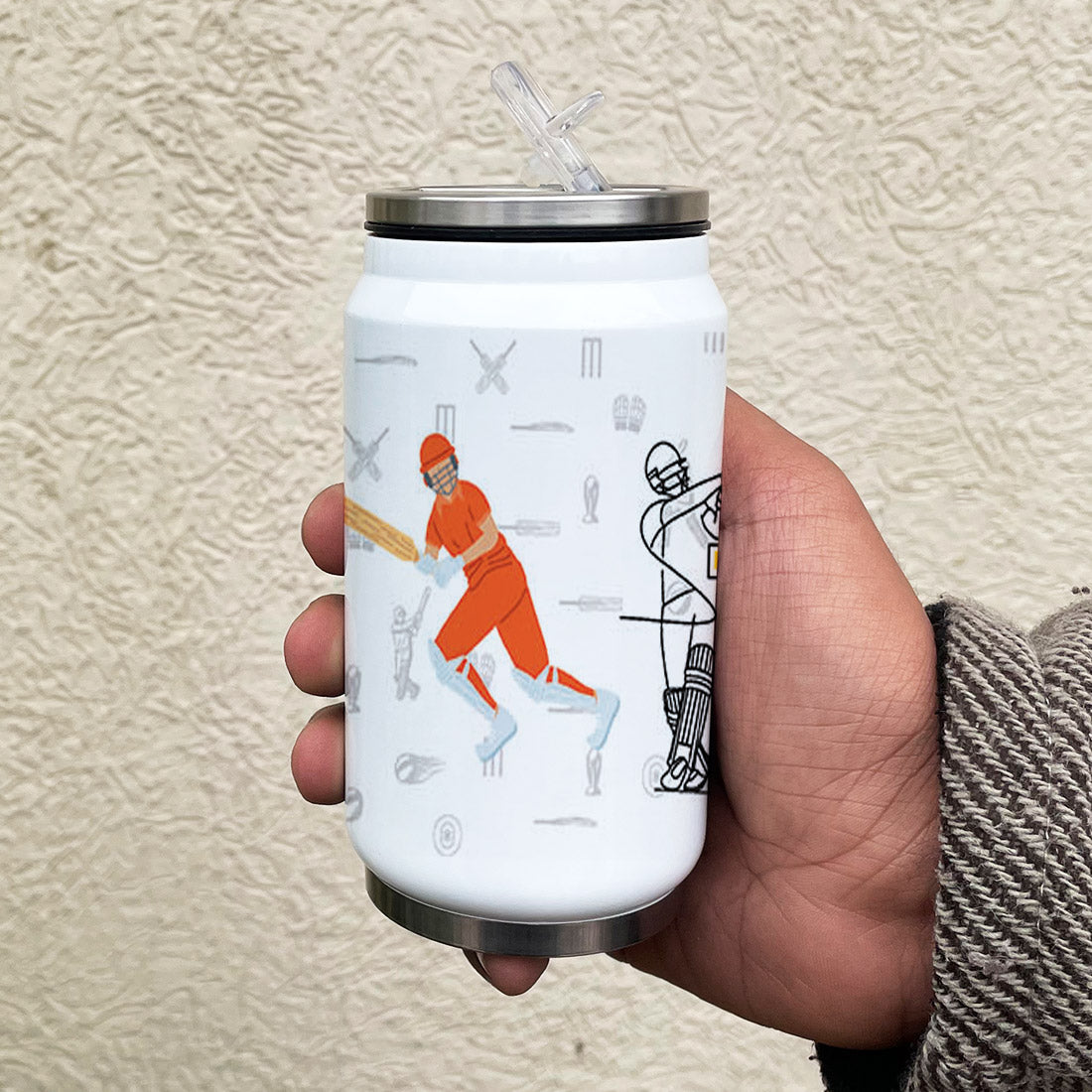 Cricket T20 Printed Sipper Can With Lid And Straw - 350 ML