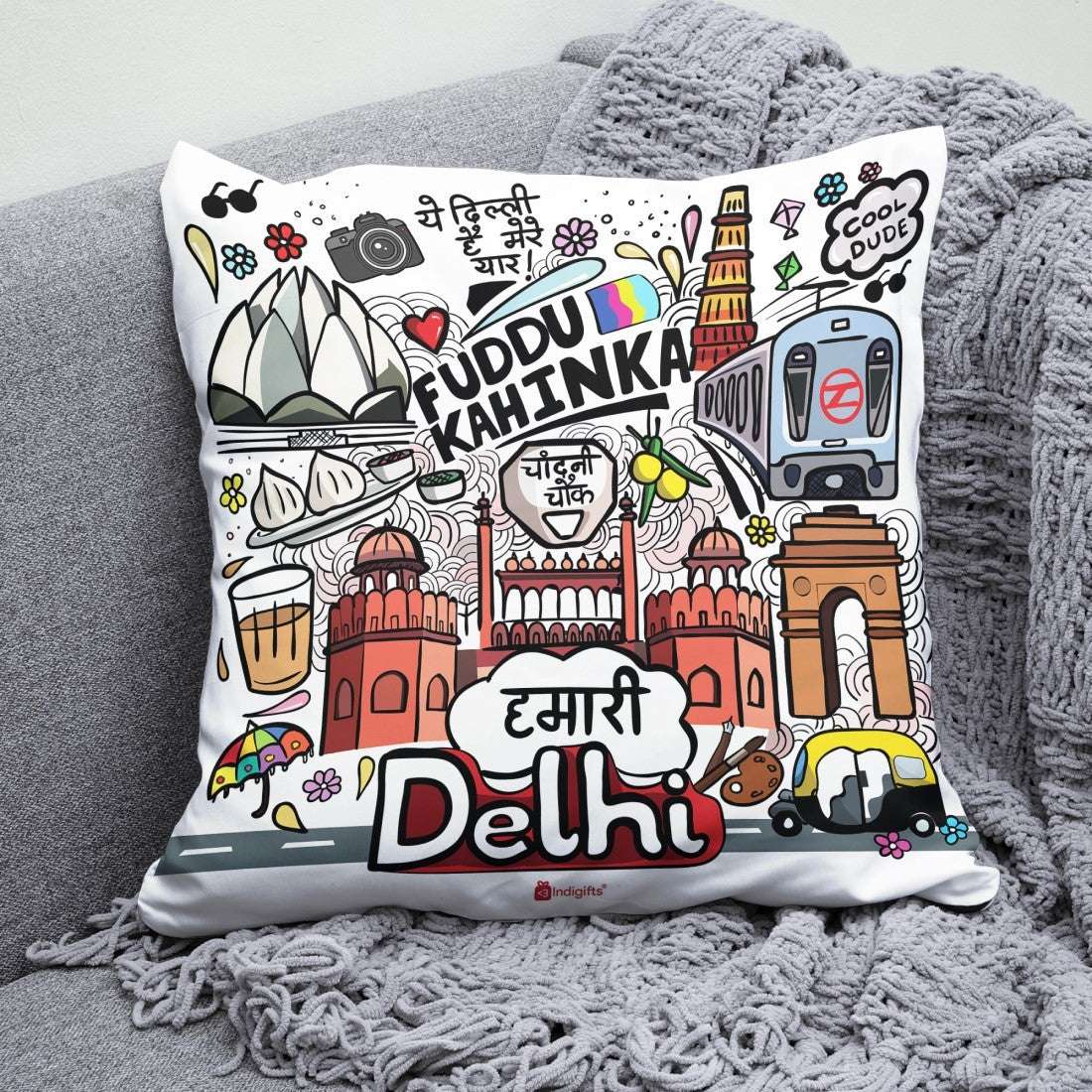 Delhi - Doodle Art Reversible Zipper Cushion with Filler - Discovering India