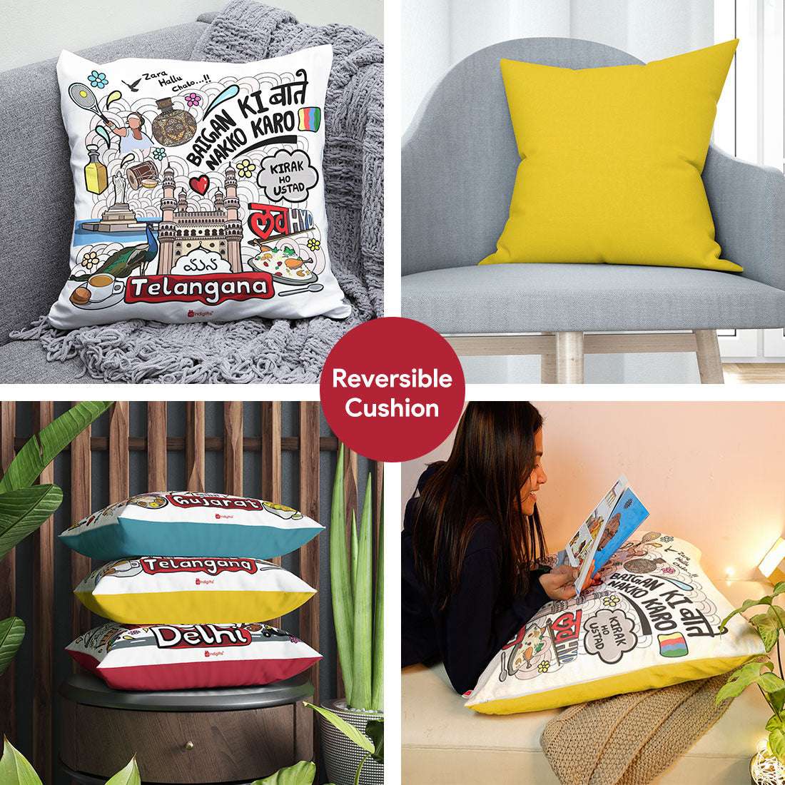 Telangana - Doodle Art Reversible Zipper Cushion with Filler - Discovering India