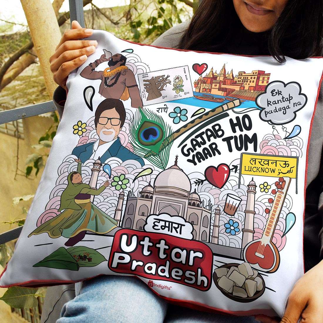 Uttar Pradesh - Doodle Art Reversible Zipper Cushion with Filler - Discovering India